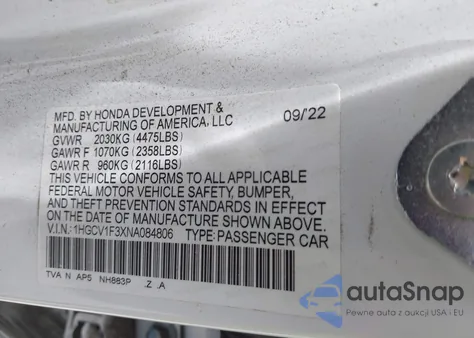 2022 Honda Accord Sport из США, поврежденный, VIN 1HGCV1F3XNA084806